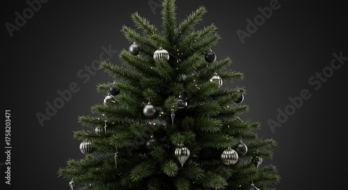 Elegant artificial Christmas tree adorned with sophisticated silver and black ornaments, isolated on a dark studio backdrop