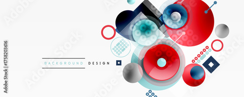 Abstract geometric shapes, circles, squares, red, blue hues create modern design. Minimalist composition, clean lines, vibrant colors.