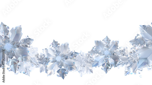 Snow covered branches with ice crystals on white background