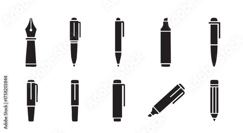Black silhouette of different types of pens on white background