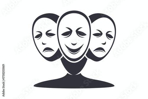Dark gray figure possesses three contrasting faces displaying sadness and happiness in simple artwork