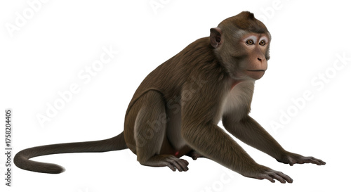 Photos Isolated primate Macaca sitting with furry brown coat and long tail in studio sh