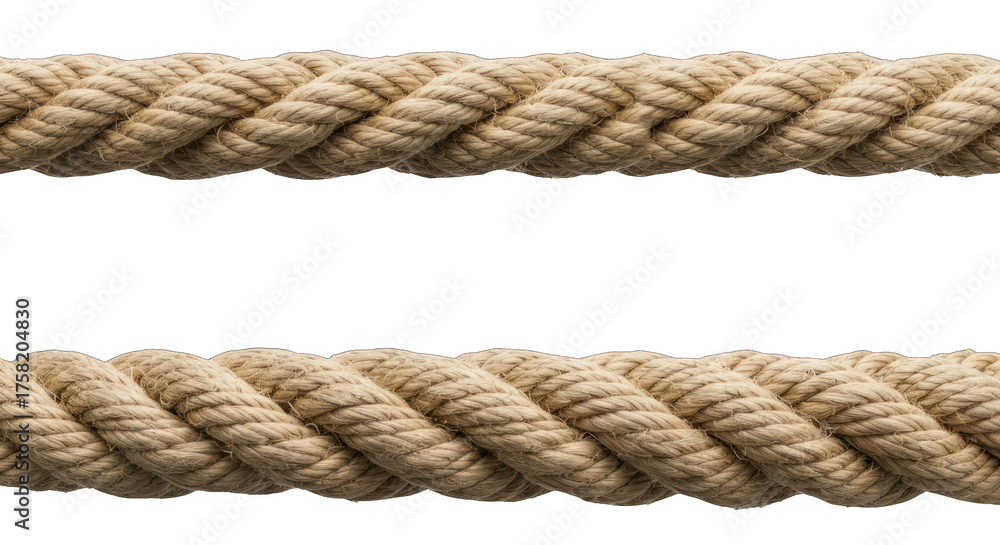 Fototapeta premium Two parallel tan ropes with a braided texture against a black background