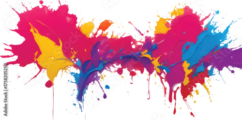 Colorful ink paint splashes create a vibrant artistic design with splatter and watercolor texture elements