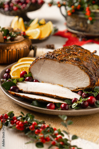 Whole baked ham. Christmas decoration.