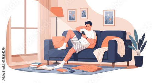 Relaxed male character in home scenes, scrolling on his phone while lounging on a comfortable sofa, depicting a modern lifestyle