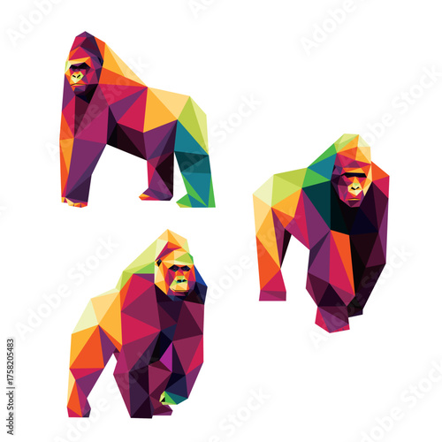 Gorilla Colorful Polygonal Low Poly Set. Collection of Angry Gorilla Colorful Logo Vector. Colorful Abstract Illustration of King Kong. Good for kids animal book
