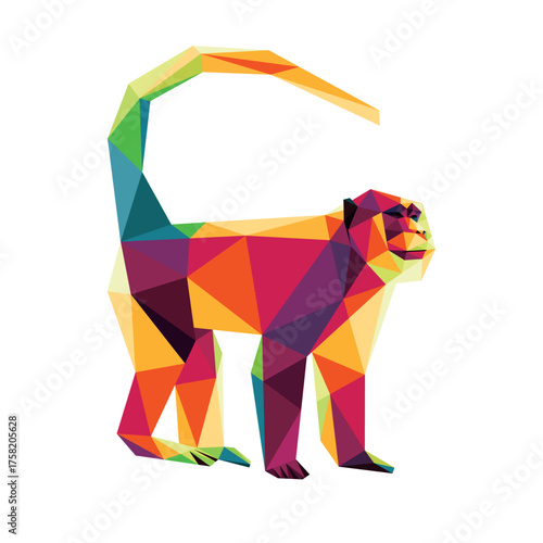 Monkey in Colorful Polygon Abstract. Vector Low Poly Illustration of Monkey. Primates ape Colorful Icon. good for kids animal book