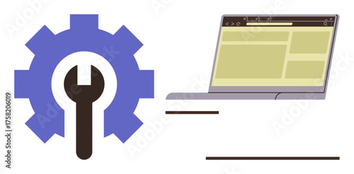 Gear and wrench combined with laptop showcasing technical support, software development, and online updates. Ideal for technology, website optimization, IT services, repair, maintenance, digital