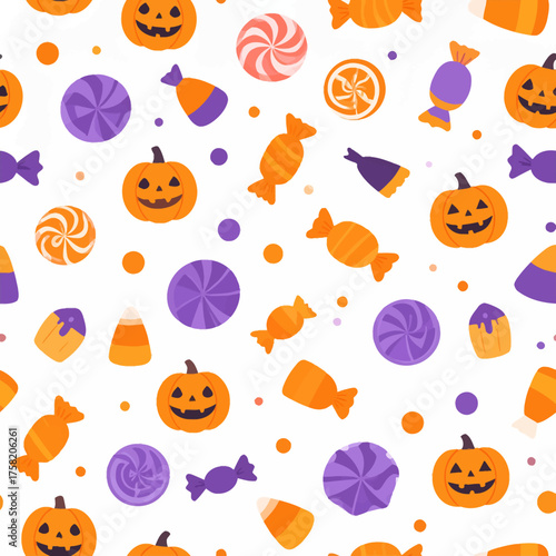 Seamless Halloween candy and pumpkin pattern with cartoon jackolanterns lollipops and wrapped sweets.