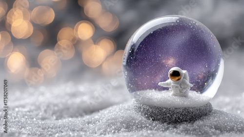 Fototapeta Naklejka Na Ścianę i Meble -  Enchanting cosmic snow globe featuring miniature astronaut and space station in winter wonderland scene