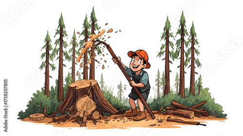 A cartoon illustration of a young, smiling logger or lumberjack actively chopping down a tree in a deforested area, surrounded by tree stumps and pine trees, symbolizing unsustainable or illegal loggi