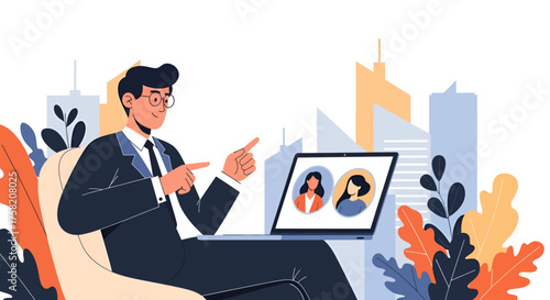 Businessman in Video Conference with Colleagues Remote Team Meeting Illustration