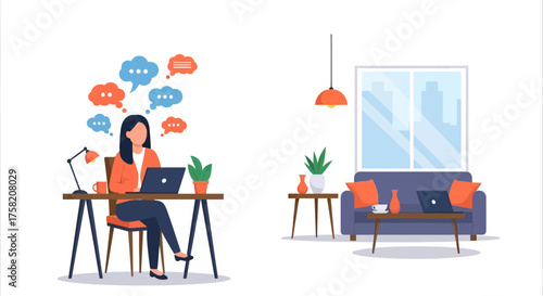 Woman Working from Home with Laptop Managing Communication and Remote Tasks
