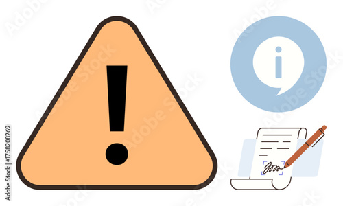 Exclamation mark triangle, speech bubble with i for information, and signed document with pen. Ideal for safety, guidance, legal, agreement, warning terms and communication contexts. Simple flat