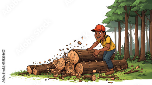 A cartoon illustration of a young, smiling logger or lumberjack actively chopping down a tree in a deforested area, surrounded by tree stumps and pine trees, symbolizing unsustainable or illegal loggi