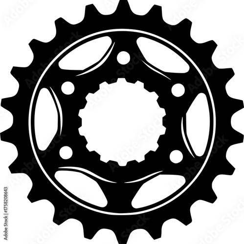 Bike sprocket silhouette. This image shows a black silhouette of a circular bike sprocket with visible teeth, symbolizing mechanics and engineering. Vector clipart illustration design.