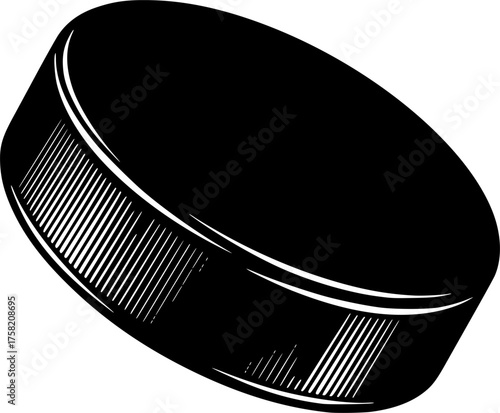 Hockey puck silhouette. This image shows a black silhouette of a hockey puck, a round, flat object used in ice hockey games, representing sports equipment. Vector clipart illustration design