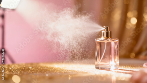 A luxury glass perfume bottle is spraying mist onto a shimmering golden glitter table, set against a blurred pink and gold background with bright studio light. © Yan
