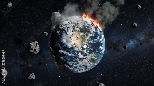 Earth engulfed in flames surrounded by space rocks; cosmic catastrophe