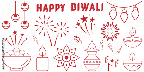 A collection of Diwali-themed hand-drawn sketches including lamps (diyas), rangoli patterns, fireworks. Diwali celebration vector icon set. Happy Deepavali, Hindu festival of lights India symbols.