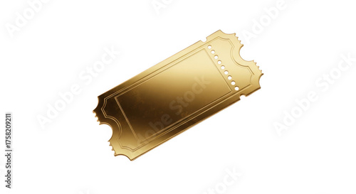 Golden ticket stub with torn edge and decorative border, isolated on transparent background