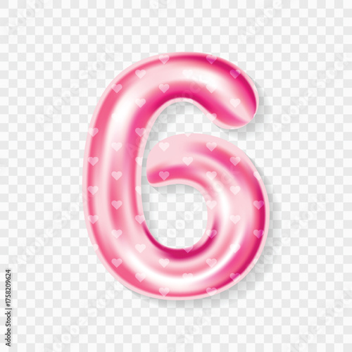 Editable 3D Pink Heart Balloon Number 6 Isolated on Transparent Background with Cute Design for Birthday or Party