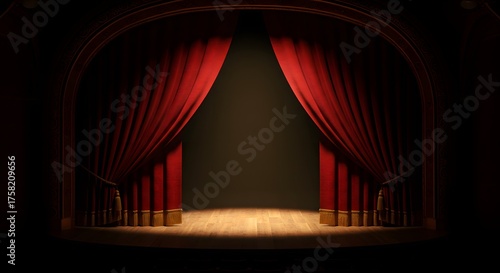 Theater Stage opening with red curtains and wooden floorboards, spotlit center stage- dramatic lighting and elegant architectural details- excellent for presentations or