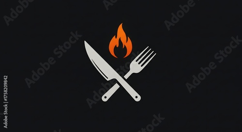 Food Logo: Knife and fork crossing on a black background with an orange flame above, simple flat vector design, ideal for restaurant branding or culinary blog hero image.