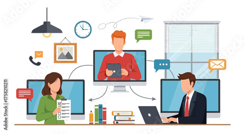 Remote Business Team Collaboration Meeting Online via Video Conference Technology Illustration