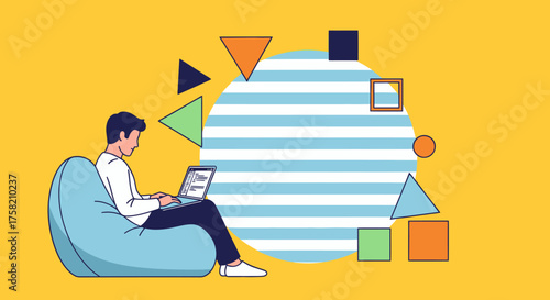 Man Working Remotely on Laptop Relaxing on Beanbag Chair in Modern Office Space