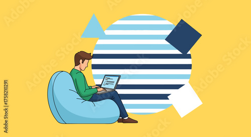 Man Working Remotely with Laptop on Beanbag Chair Modern Vector Illustration