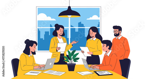 Business team meeting in modern office with city view