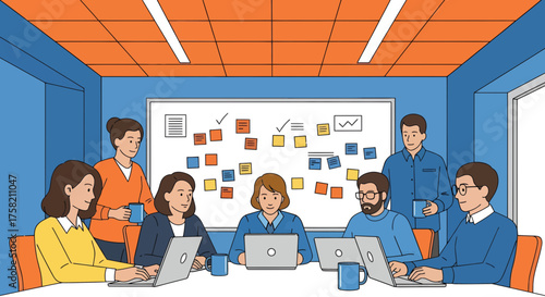 Diverse team collaborating in a modern office with laptops and whiteboard