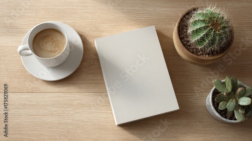 Sunny Flat Lay - Blank Book Mockup, Coffee, Cactus, and Succulent on Wooden Desk.