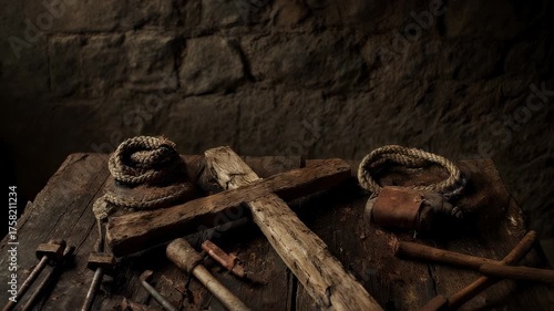 A wooden cross, ropes, tools, and nails on a worn, wooden surface