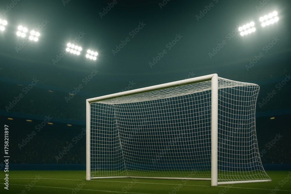 Fototapeta premium Soccer goal under stadium floodlights with green grass and night atmosphere. Concept of competition, determination, and sports emotion for advertising