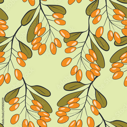 Seamless pattern with sea buckthorn. Natural fresh ripe tasty berries. Vector illustration for background, packaging, textile, fabric and various other designs.
