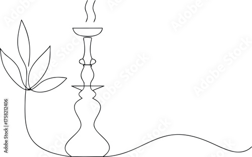 Black line drawing of a hookah and cannabis leaf smoke