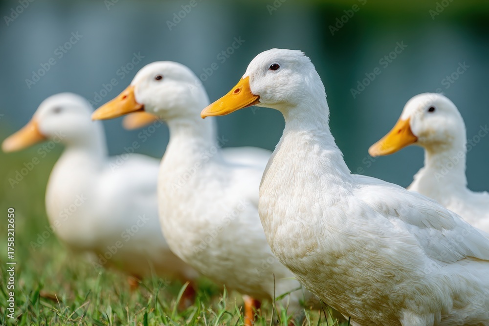Fototapeta premium Group of white ducks with yellow beaks walking on grassy ground near a lake, with blurred forest background and soft lighting.