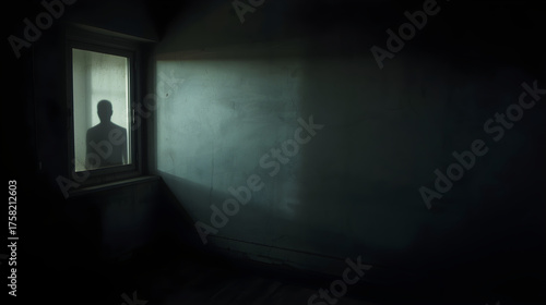 Dark Minimal Room with Window Casting Shadow of Human Figure
