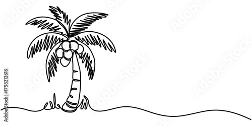 coconut tree in one continuous line art drawing. Single line drawing palm tree minimal outline vector. 