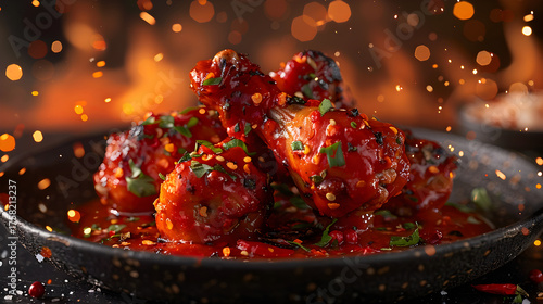 Close-up of spicy glazed chicken wings coated in red chili sauce, garnished with sesame seeds and fresh herbs