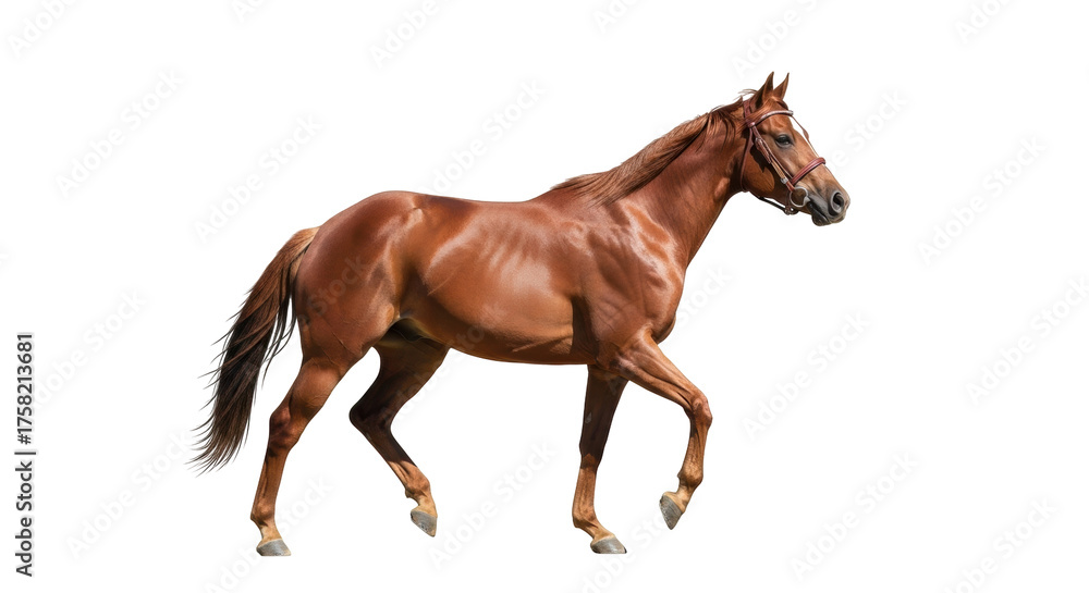 Fototapeta premium Isolated brown horse walking, majestic animal portrait in motion, beautiful thoroughbred equine