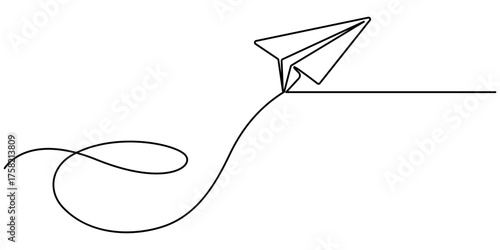 Flying paper plane continuous one line drawing minimalist origami travel vector illustration. 