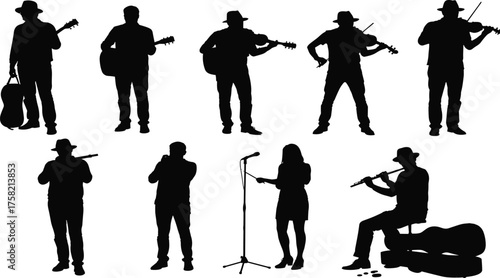 Silhouette musicians performing with diverse instruments including guitar, violin, trumpet, flute, and microphone in artistic vector illustration style