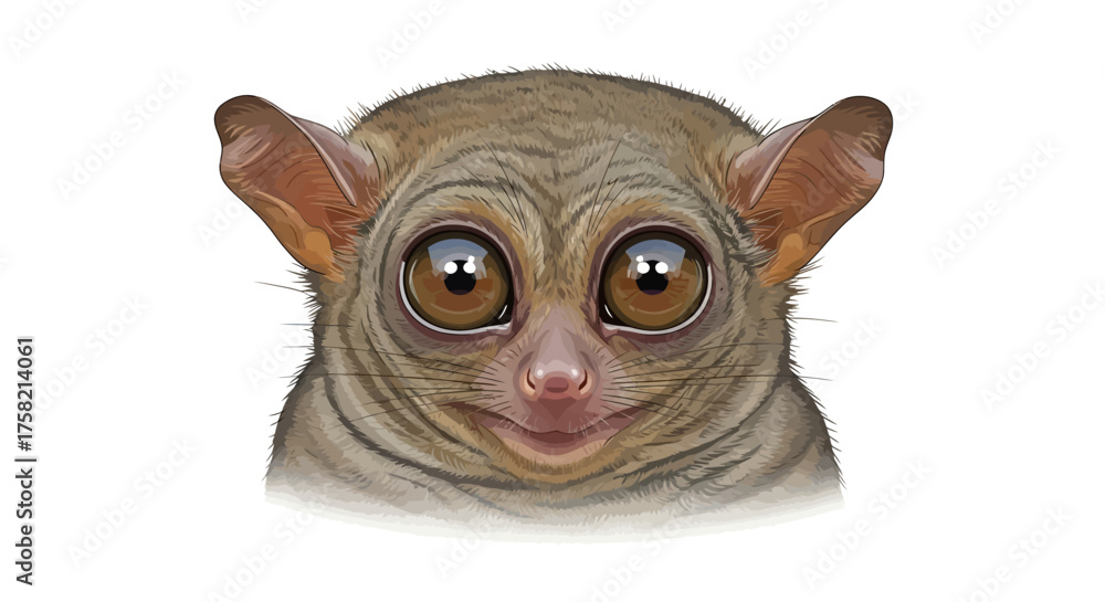 Fototapeta premium Adorable Tarsier Face Illustration Large Eyes Brown Fur and Smiling Expression.