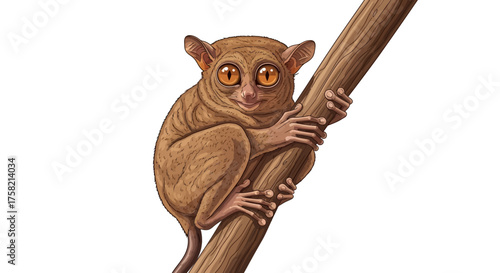 Adorable Cartoon Tarsier with Large Eyes Clinging to Branch.
