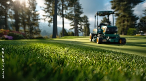 A golf course groundskeeper rides a green lawn mower, maintaining the vibrant grass under tall trees on a sunny day.