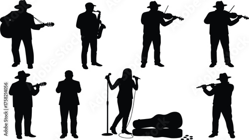Silhouette of diverse street musicians performing with instruments and singing in urban setting, perfect for music, culture, and festival themes